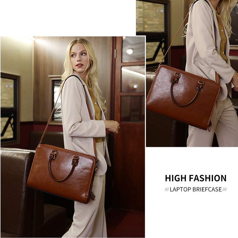 Kattee Genuine Leather Briefcase for Women, Large Capacity Laptop Bag with Luggage Tag - Image 2